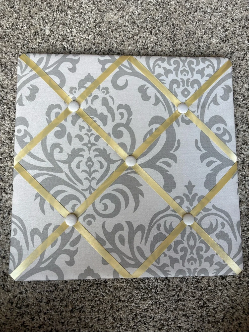Decorative Ribbon Wall Memory Board - Gray Damask with Yellow Ribbons